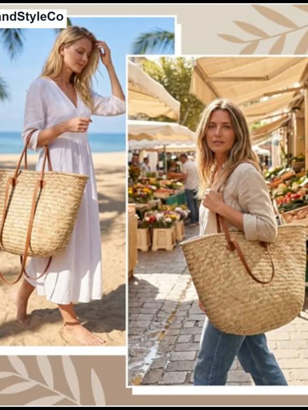 Oversized Straw Basket Tote Bag with Leather Handles & Drawstring